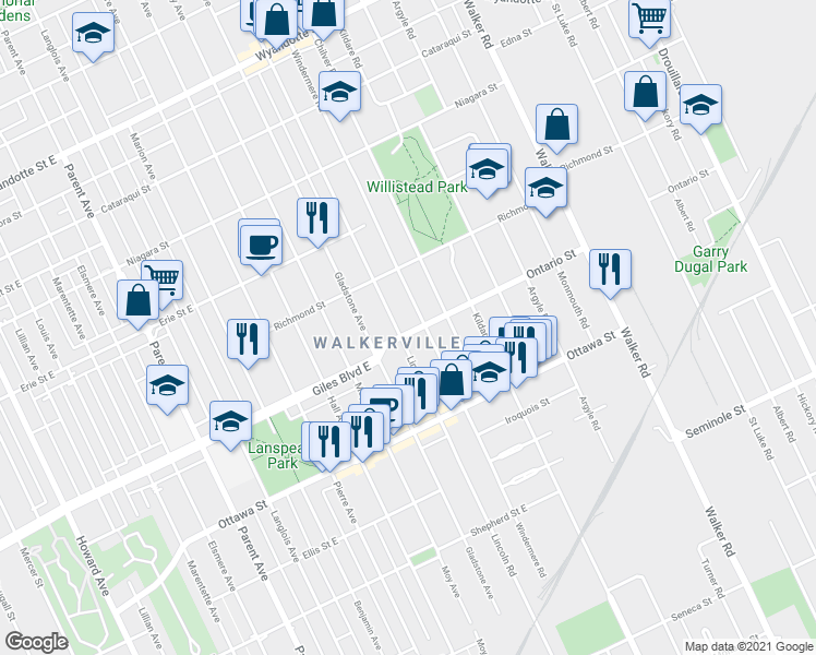 map of restaurants, bars, coffee shops, grocery stores, and more near 1647 Ontario Street in Windsor