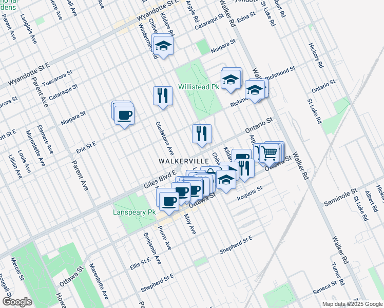 map of restaurants, bars, coffee shops, grocery stores, and more near 1647 Ontario Street in Windsor