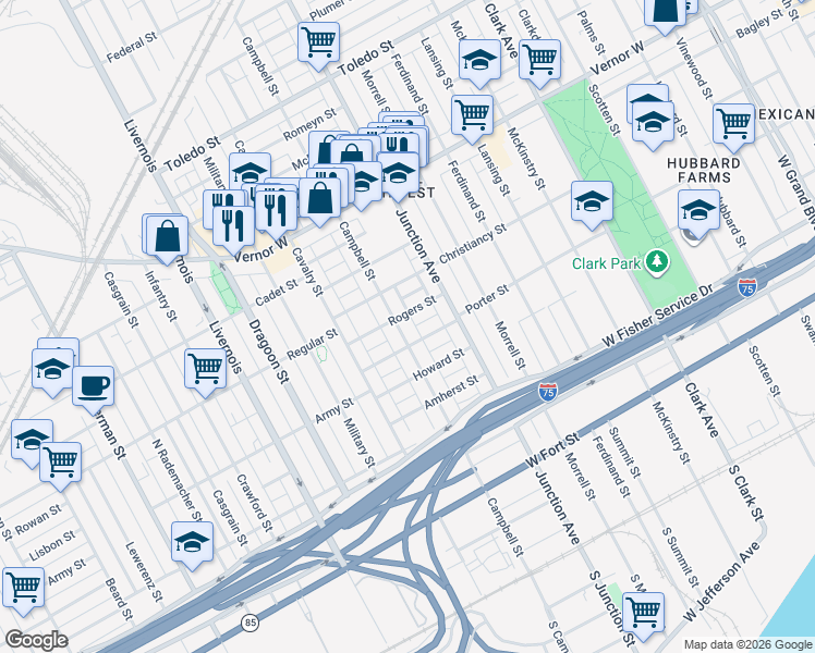 map of restaurants, bars, coffee shops, grocery stores, and more near 1429 Campbell Street in Detroit