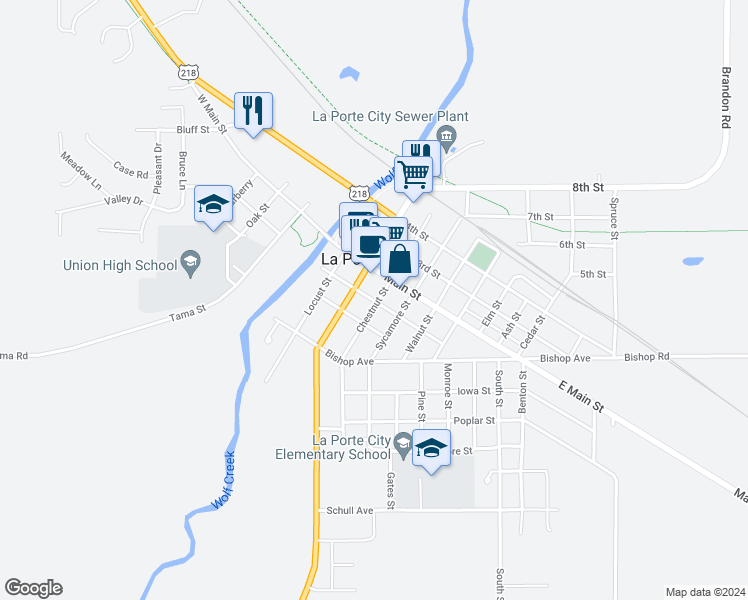 map of restaurants, bars, coffee shops, grocery stores, and more near 408 Chestnut Street in La Porte City