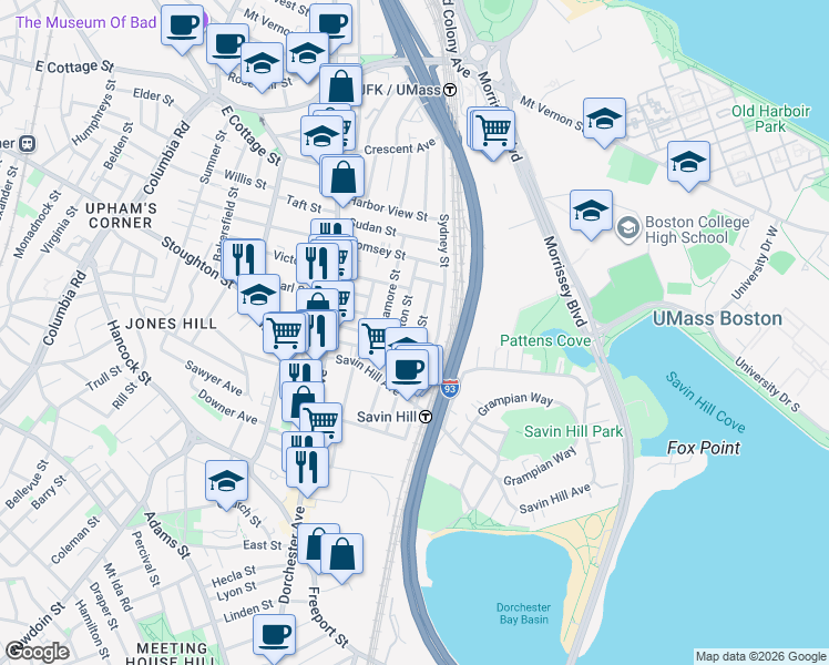 map of restaurants, bars, coffee shops, grocery stores, and more near 47 Tuttle Street in Boston