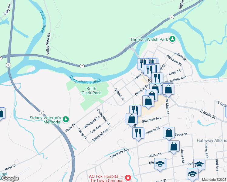 map of restaurants, bars, coffee shops, grocery stores, and more near 56 River Street in Sidney