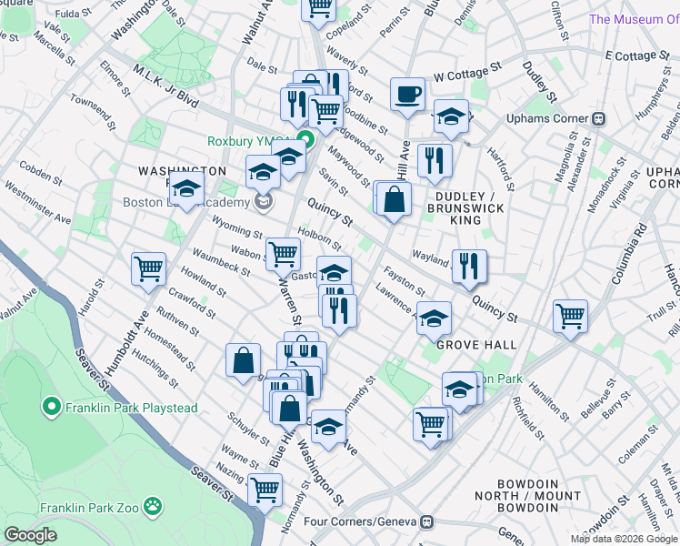 map of restaurants, bars, coffee shops, grocery stores, and more near 36 Gaston Street in Boston