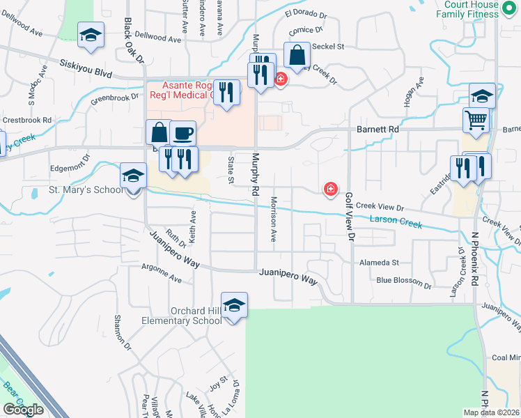 map of restaurants, bars, coffee shops, grocery stores, and more near 2853 La Mirada Drive in Medford