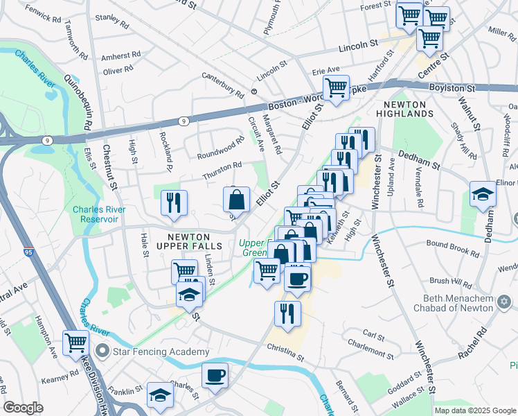 map of restaurants, bars, coffee shops, grocery stores, and more near 19 Chandler Place in Newton