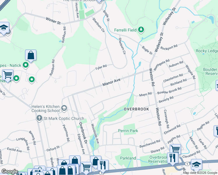 map of restaurants, bars, coffee shops, grocery stores, and more near 25 Evergreen Avenue in Wellesley