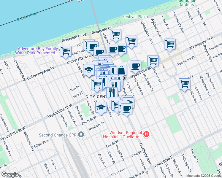 map of restaurants, bars, coffee shops, grocery stores, and more near in Windsor