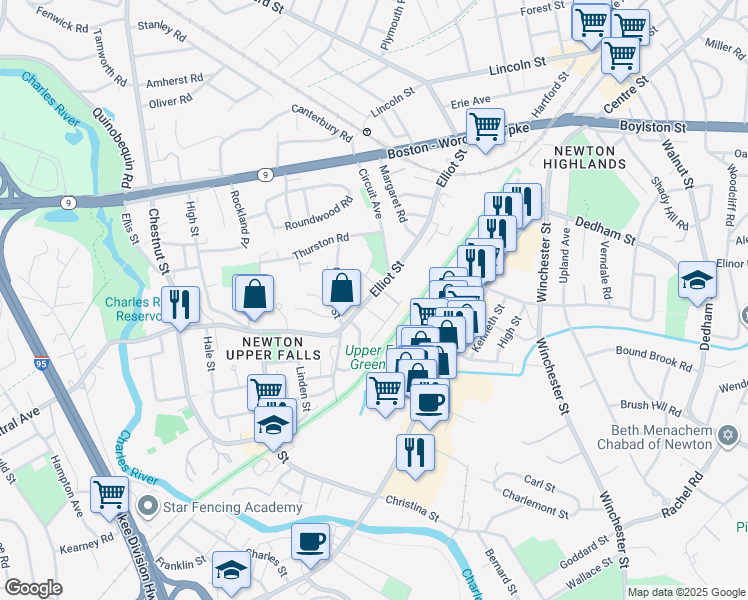 map of restaurants, bars, coffee shops, grocery stores, and more near 9 Elliot Terrace in Newton