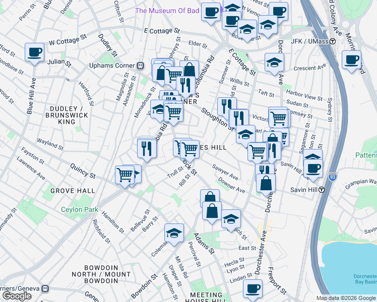 map of restaurants, bars, coffee shops, grocery stores, and more near 17 Rowell Street in Boston
