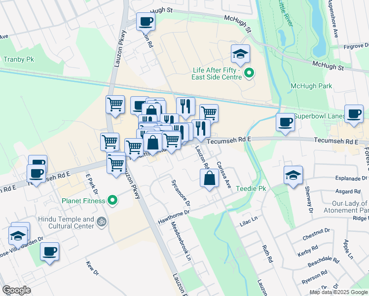 map of restaurants, bars, coffee shops, grocery stores, and more near 7843 Tecumseh Road East in Windsor