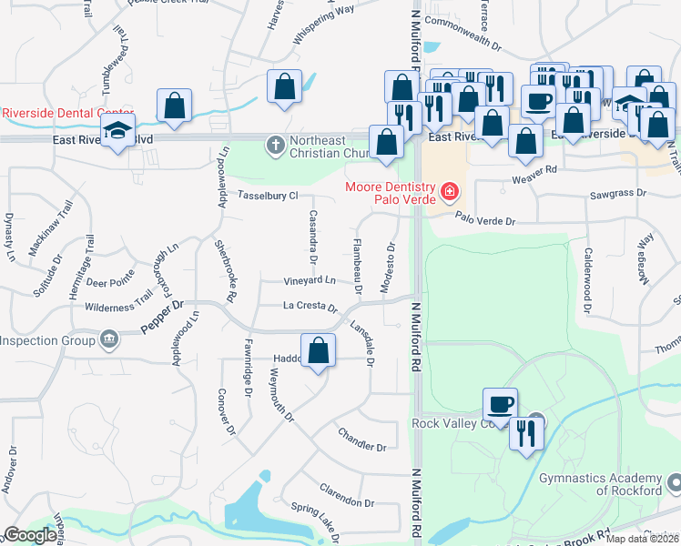 map of restaurants, bars, coffee shops, grocery stores, and more near 5834 Vineyard Lane in Rockford