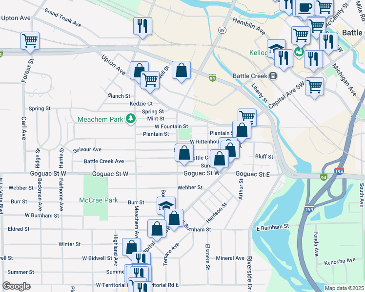 map of restaurants, bars, coffee shops, grocery stores, and more near 121 West Rittenhouse Avenue in Battle Creek
