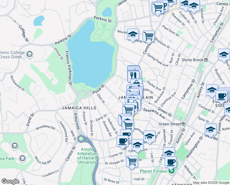map of restaurants, bars, coffee shops, grocery stores, and more near 45 Burroughs Street in Boston