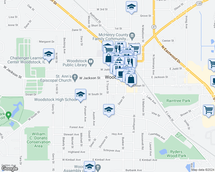 map of restaurants, bars, coffee shops, grocery stores, and more near 200 South Tryon Street in Woodstock