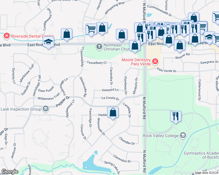 map of restaurants, bars, coffee shops, grocery stores, and more near 5740 Vineyard Lane in Rockford