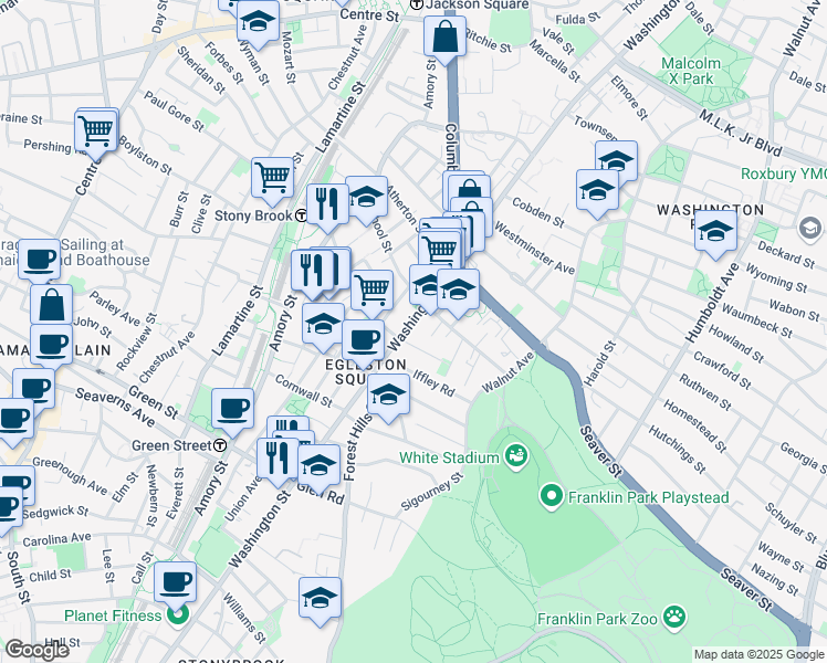 map of restaurants, bars, coffee shops, grocery stores, and more near 3146 Washington Street in Boston