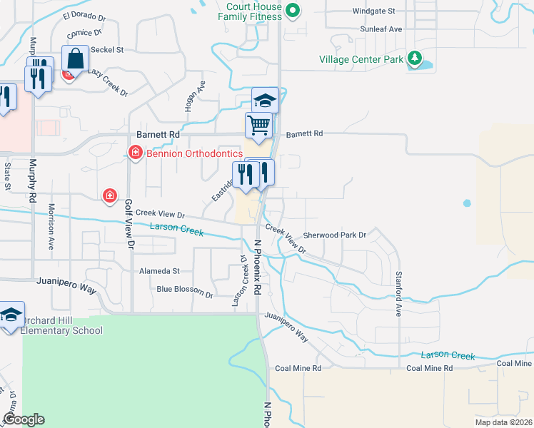 map of restaurants, bars, coffee shops, grocery stores, and more near 990 North Phoenix Road in Medford