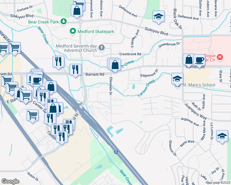 map of restaurants, bars, coffee shops, grocery stores, and more near 1045 Ellendale Drive in Medford