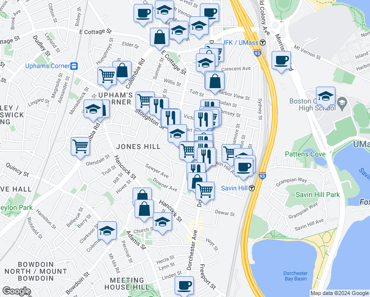 map of restaurants, bars, coffee shops, grocery stores, and more near 75 Pleasant Street in Boston