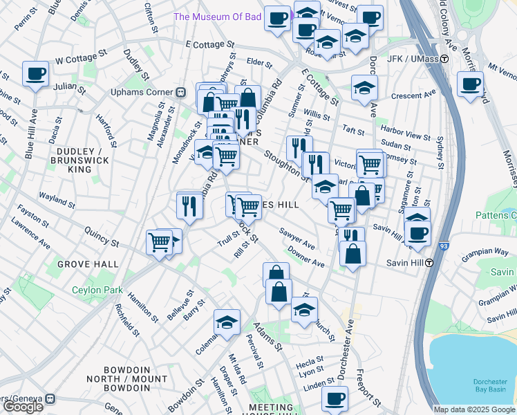 map of restaurants, bars, coffee shops, grocery stores, and more near 17 Rowell Street in Boston