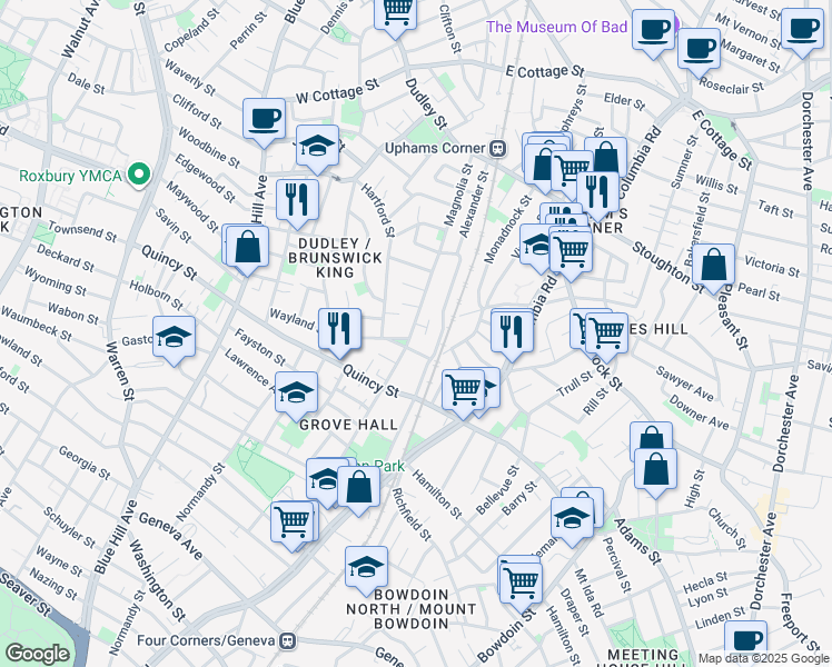 map of restaurants, bars, coffee shops, grocery stores, and more near 127 Alexander Street in Boston