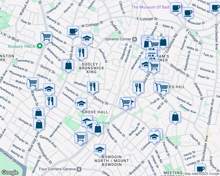 map of restaurants, bars, coffee shops, grocery stores, and more near 22 Wayland Street in Boston