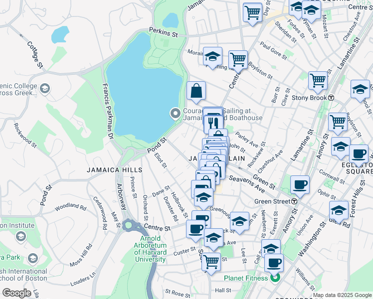 map of restaurants, bars, coffee shops, grocery stores, and more near 45 Burroughs Street in Boston