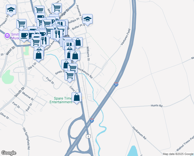 map of restaurants, bars, coffee shops, grocery stores, and more near 88 Hockanum Road in Northampton