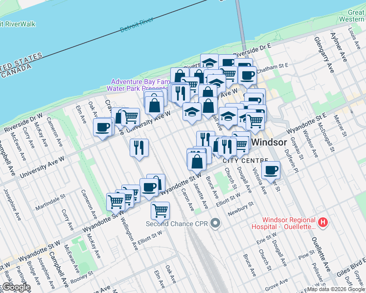 map of restaurants, bars, coffee shops, grocery stores, and more near in Windsor