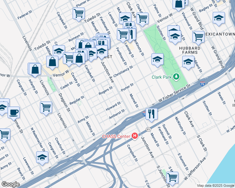 map of restaurants, bars, coffee shops, grocery stores, and more near 1220 Junction Avenue in Detroit