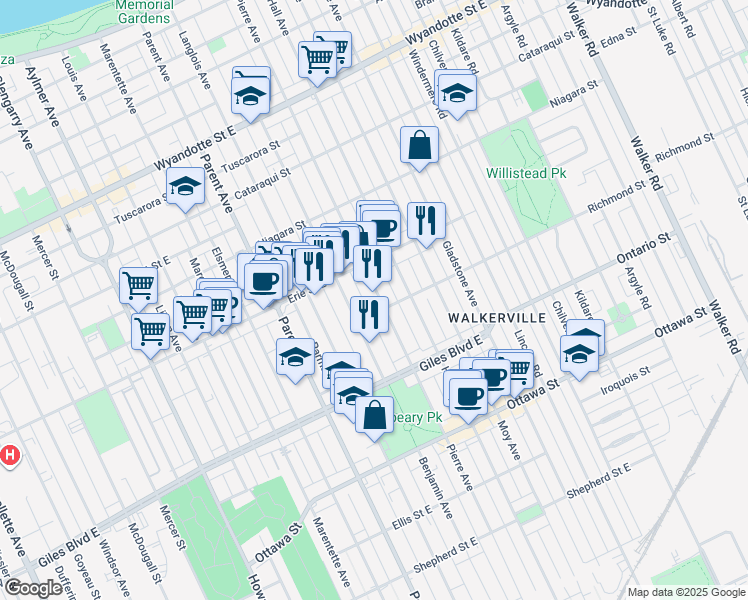 map of restaurants, bars, coffee shops, grocery stores, and more near 1079 Pierre Avenue in Windsor