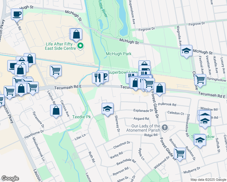 map of restaurants, bars, coffee shops, grocery stores, and more near 9563 Tecumseh Road East in Windsor