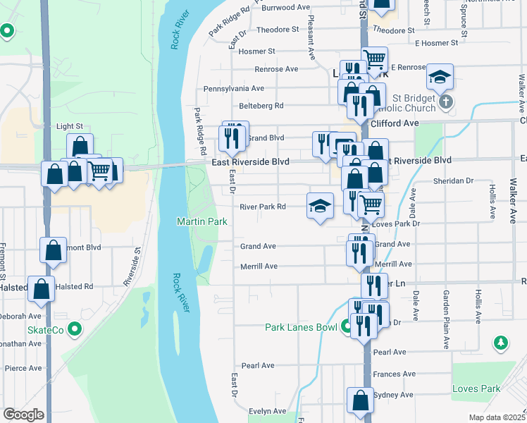 map of restaurants, bars, coffee shops, grocery stores, and more near 221 River Park Road in Loves Park