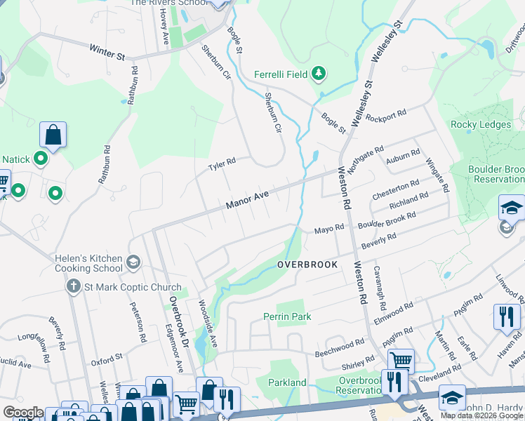 map of restaurants, bars, coffee shops, grocery stores, and more near 17 Fenmere Avenue in Wellesley