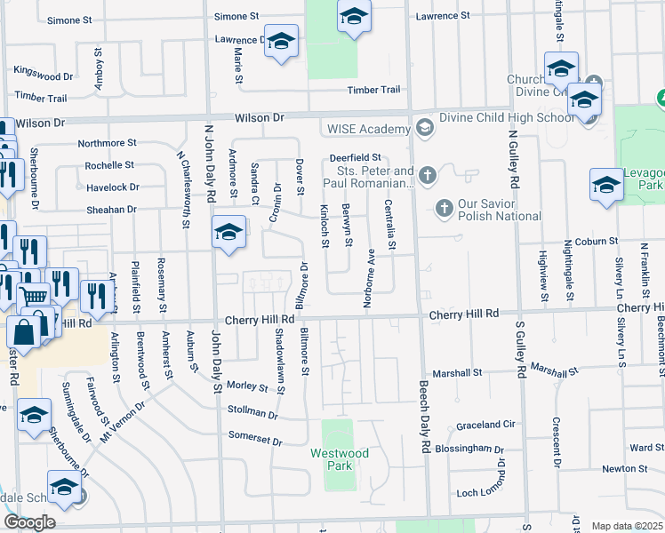map of restaurants, bars, coffee shops, grocery stores, and more near 414 Berwyn Street in Dearborn Heights