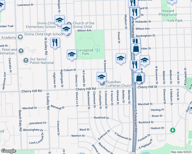 map of restaurants, bars, coffee shops, grocery stores, and more near 224 Kingsbury Avenue in Dearborn