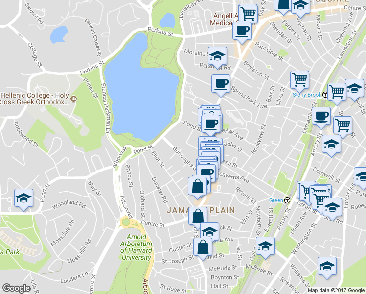 map of restaurants, bars, coffee shops, grocery stores, and more near 45 Burroughs Street in Boston