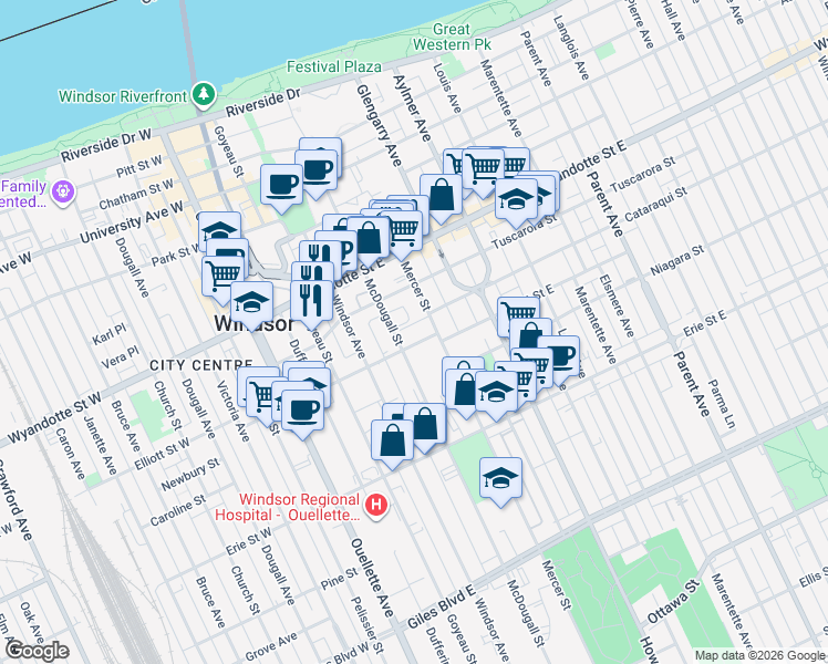 map of restaurants, bars, coffee shops, grocery stores, and more near 350 Elliott Street East in Windsor