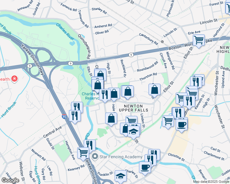 map of restaurants, bars, coffee shops, grocery stores, and more near 43 High Street in Newton