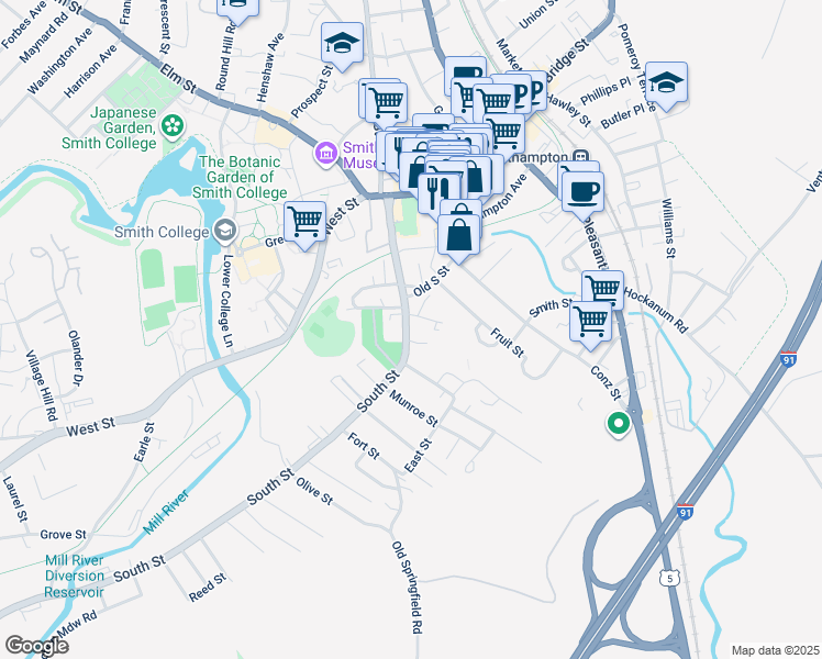 map of restaurants, bars, coffee shops, grocery stores, and more near 104 Massachusetts 10 in Northampton