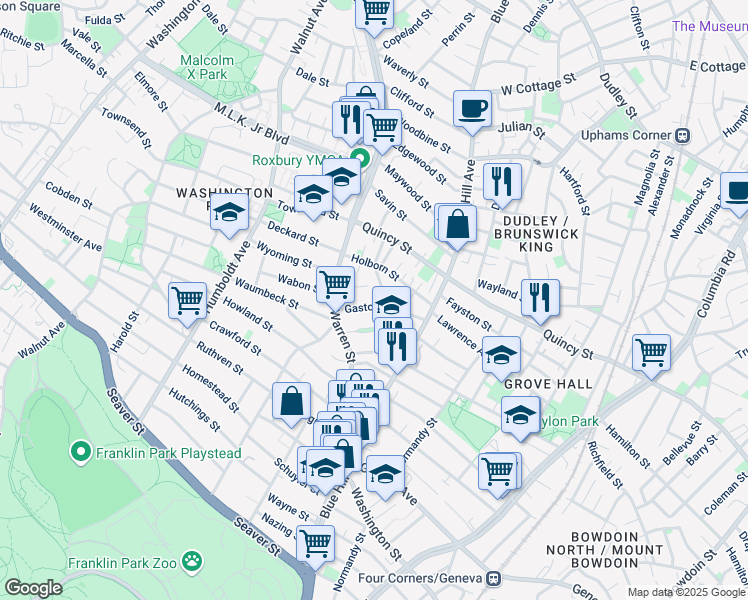 map of restaurants, bars, coffee shops, grocery stores, and more near 18 Gaston Street in Boston