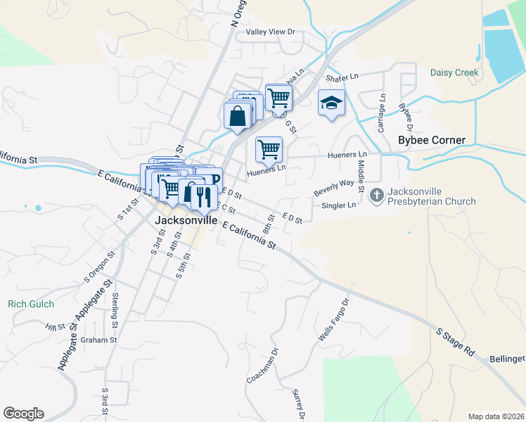 map of restaurants, bars, coffee shops, grocery stores, and more near 520 East D Street in Jacksonville