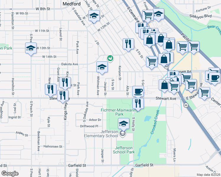 map of restaurants, bars, coffee shops, grocery stores, and more near 383 Ogara Street in Medford