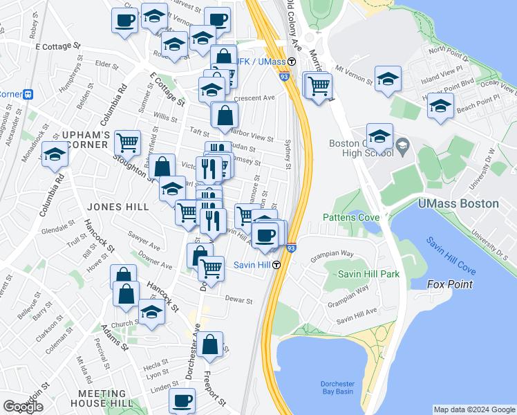map of restaurants, bars, coffee shops, grocery stores, and more near 17 Sagamore Street in Boston