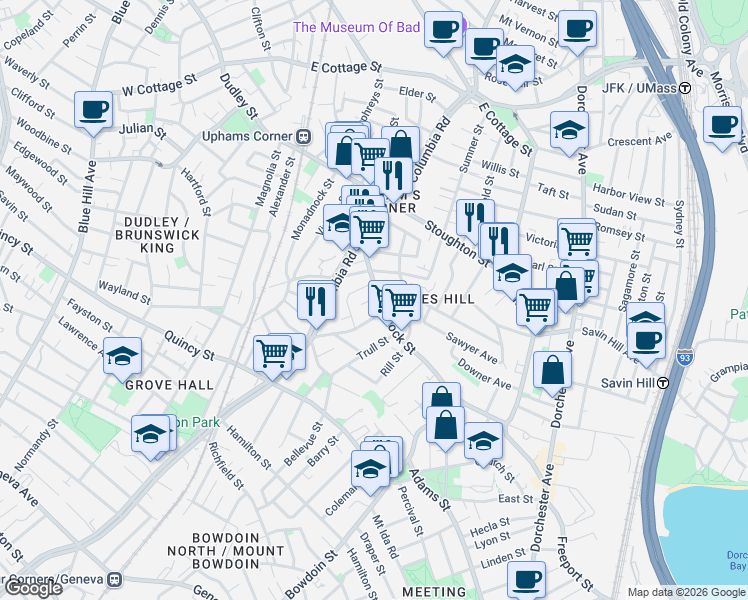 map of restaurants, bars, coffee shops, grocery stores, and more near 61 Hancock Street in Boston