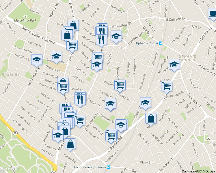 map of restaurants, bars, coffee shops, grocery stores, and more near 28 Fayston Street in Boston