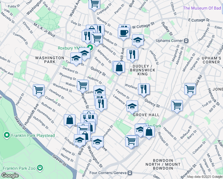 map of restaurants, bars, coffee shops, grocery stores, and more near 318-320 Blue Hill Avenue in Boston