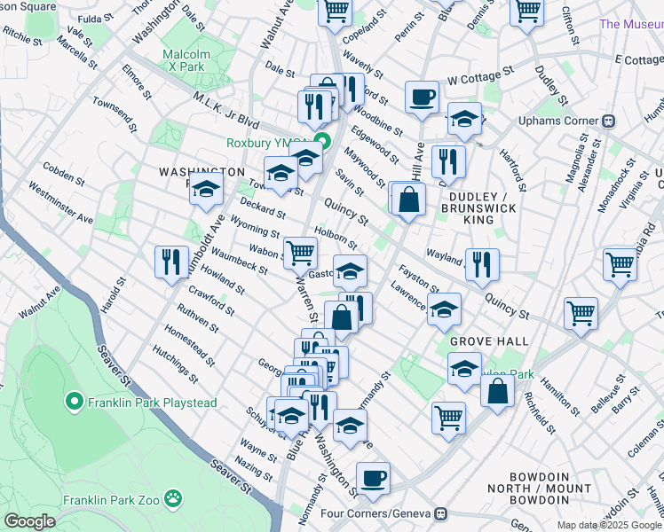 map of restaurants, bars, coffee shops, grocery stores, and more near 17 Gaston Street in Boston