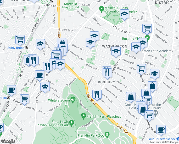 map of restaurants, bars, coffee shops, grocery stores, and more near 225 Harold Street in Boston