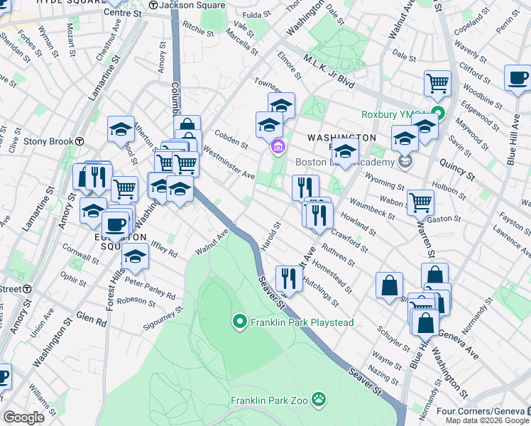 map of restaurants, bars, coffee shops, grocery stores, and more near 225 Harold Street in Boston
